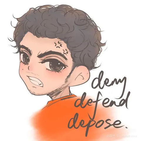 Chibi-style portrait of a curly-haired person in orange clothing beside handwritten text reading 'deny defend depose.'