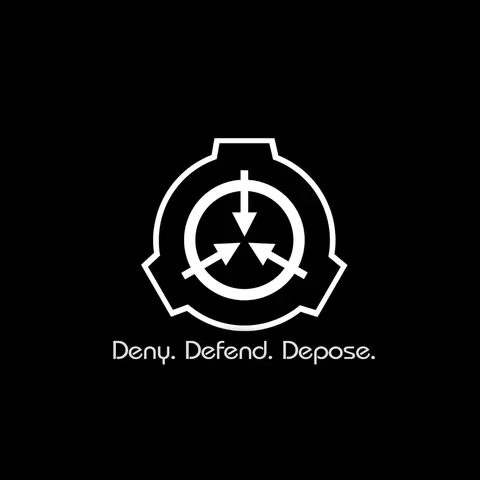 White SCP-style circular emblem on a black background with the caption 'Deny. Defend. Depose.' beneath it.