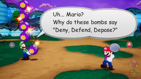 Video-game meme showing Mario and Luigi facing each other, with a dialogue box asking why the bombs say 'Deny, Defend, Depose?'