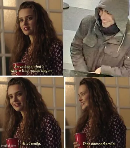 Four-panel reaction meme pairing scenes of a woman speaking with a surveillance-style image of a hooded person, captioned about recognizing a smile.