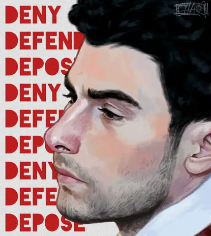 Painted profile portrait of Luigi Mangione against a white background filled with repeated red 'DENY DEFEND DEPOSE' text.