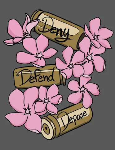 Illustration of three brass-colored shell casings labeled 'Deny,' 'Defend,' and 'Depose' surrounded by pink flowers on a gray background.