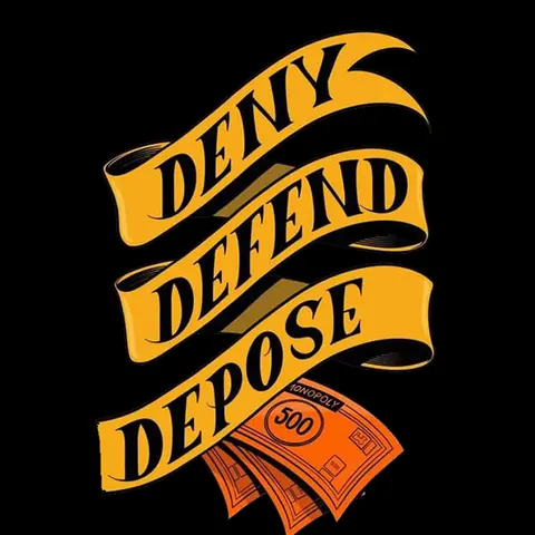 Yellow-orange tattoo-style ribbon on a black background reading 'DENY DEFEND DEPOSE,' with stylized orange banknotes beneath it.