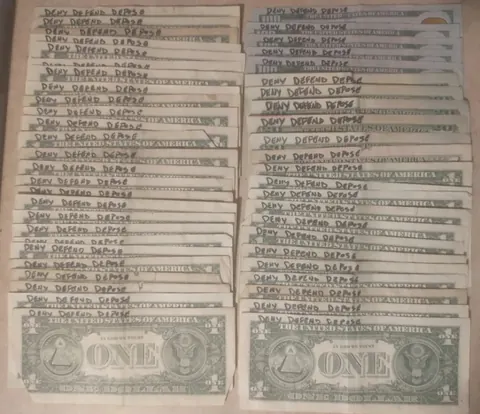 Two sheets covered with many handwritten names or phrases arranged in horizontal rows, with printed one-dollar-bill graphics at the bottom.