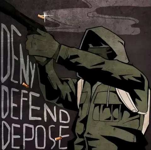 Dark illustration of a hooded figure writing on a wall with a marker or paint tool beside large stacked text reading 'DENY DEFEND DEPOSE.'