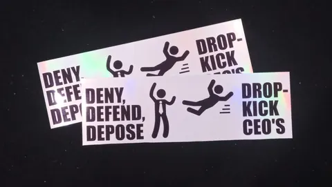 Bumper-sticker style graphics combining 'DENY DEFEND DEPOSE' with simple stick figures and the phrase 'DROP-KICK CEO'S.'