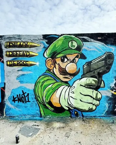 Large colorful mural of Luigi aiming a handgun toward the viewer, with three bullet-shaped labels at left reading 'DENY,' 'DEFEND,' and 'DEPOSE.'