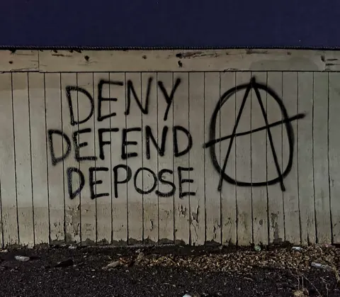 Black spray-painted text reading 'DENY DEFEND DEPOSE' beside a large circled A-like symbol on a pale vertical wooden fence or wall.