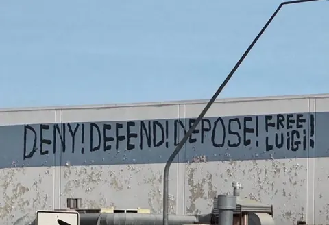 Large black painted text reading 'DENY! DEFEND! DEPOSE! FREE LUIGI' across the upper exterior wall of a building.