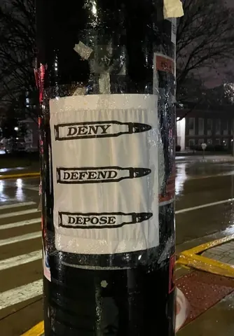 Paper poster attached to a street pole showing three horizontal bullet illustrations labeled 'DENY,' 'DEFEND,' and 'DEPOSE.'