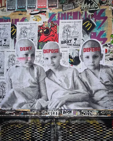 Layered street collage of repeated grayscale portraits and posters, with red words 'DENY,' 'DEPOSE,' and 'DEFEND' painted across several faces.