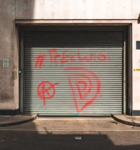 Red spray-painted graffiti on a metal roll-up door reading 'free luigi,' with two simple red symbols beneath.