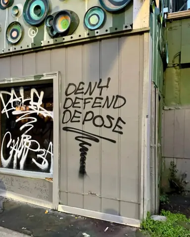 Black graffiti reading 'DENY DEFEND DEPOSE' in three stacked lines on the exterior corner of a commercial building.