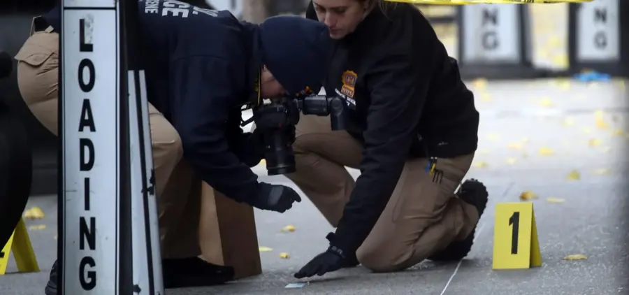 Crime-scene investigators examine pavement beside numbered evidence markers.
