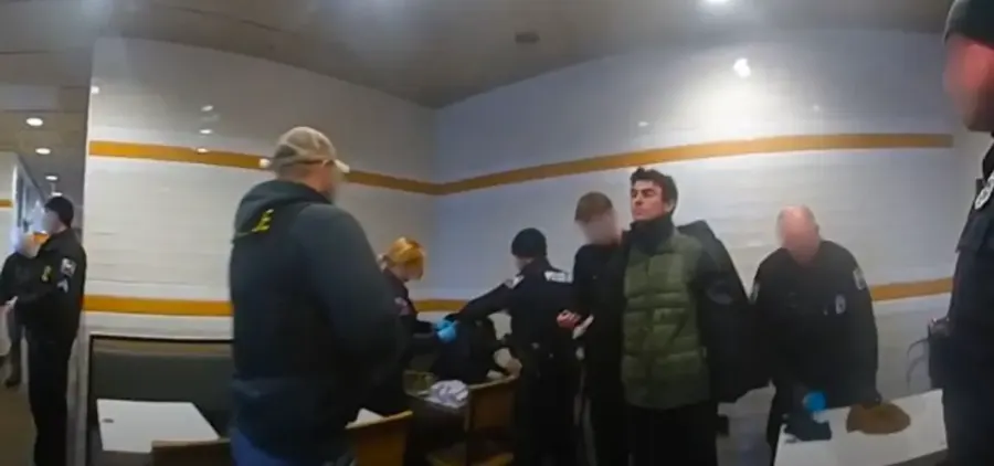 Officers escort a man through an indoor corridor.